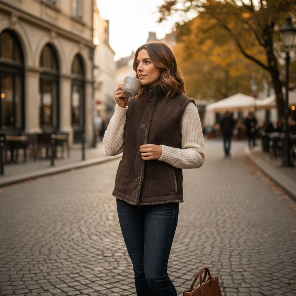 Eddie Bauer Brown Genuine Suede And Faux Fur-Lined Vest